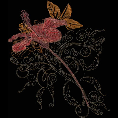 An embroidery design of a vibrant hibiscus flower with intricate swirling foliage.
