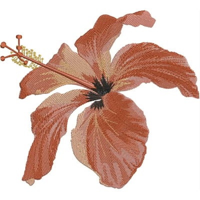 An embroidery design of a beautifully detailed hibiscus flower in shades of peach and brown, showcasing intricate petal textures and delicate stamen.