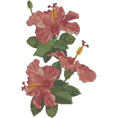 An embroidery design of vibrant pink hibiscus flowers accompanied by green leaves.