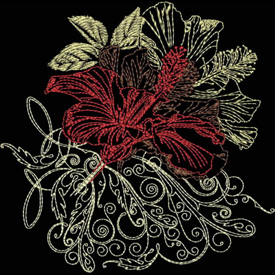 An embroidery design of vibrant red and dark flowers surrounded by elegant swirling lines and intricate leafy details.