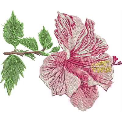 An embroidery design of a pink hibiscus flower with delicate petals and green leaves.