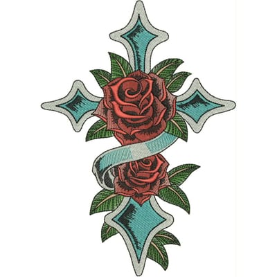 An embroidery design of a stylized cross adorned with two red roses and a flowing ribbon.