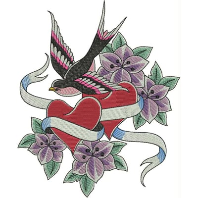 An embroidery design of a vibrant swallow flying above a red heart surrounded by decorative flowers and a flowing ribbon.