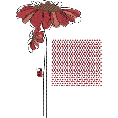 An embroidery design of a tall flower with petals in shades of pink and red, accompanied by a small ladybug and a background of red dots.