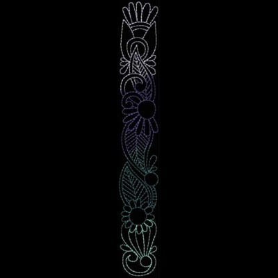 An embroidery design of a vertical floral pattern featuring swirls, leaves, and flowers in a graceful and intricate arrangement.