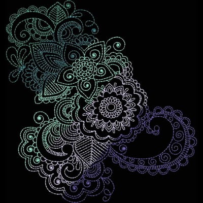An embroidery design of intricate floral patterns combined with swirling elements and delicate outlines.