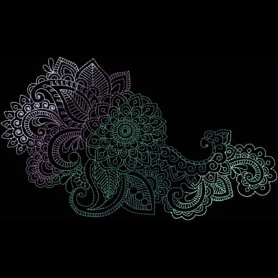 An embroidery design of intricate floral and paisley motifs intertwined in a graceful arrangement.