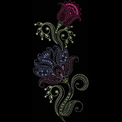 An embroidery design of intricately patterned flowers in shades of purple and pink, featuring swirling leaves and delicate accents.