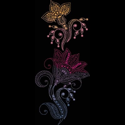 An embroidery design of intricate floral motifs featuring a yellow flower with delicate petals and a pink blossom with swirling vines and decorative elements.