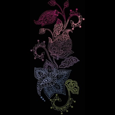 An embroidery design of intricate floral patterns with detailed lace-like elements and a gradient of vibrant colors.