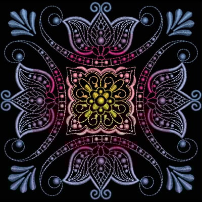 An embroidery design of intricate floral motifs arranged symmetrically with vibrant colors, showcasing a central yellow flower surrounded by elegant curves and patterns.