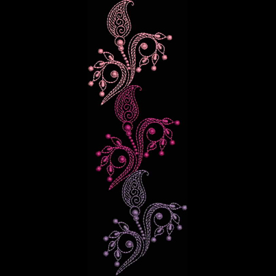 An embroidery design of elegant swirling vines adorned with delicate flowers and buds in various shades of pink and purple.