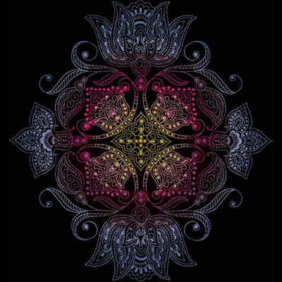 An embroidery design of a symmetrical floral mandala featuring intricate patterns and vibrant colors.