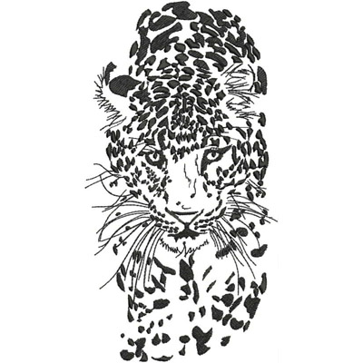 An embroidery design of a leopard's face, intricately detailed with a pattern of spots and expressive eyes.