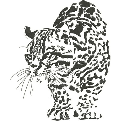 An embroidery design of a stylized, spotted cat featuring elegant lines and intricate detailing.