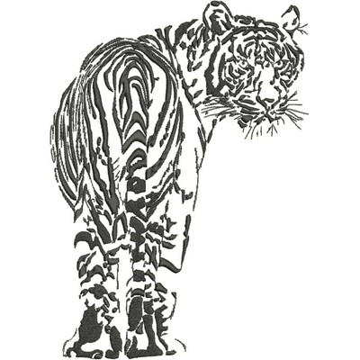 An embroidery design of a stylized tiger rendered in bold lines, showcasing its distinctive stripes and fierce expression.
