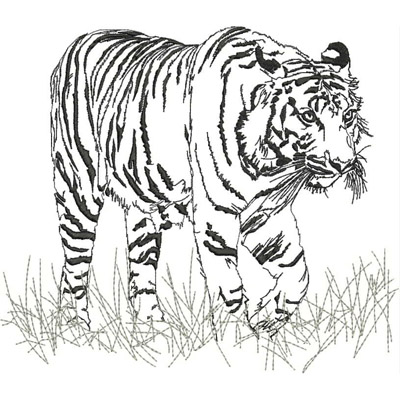 An embroidery design of a walking tiger, showcasing its distinctive stripes and expressive features.