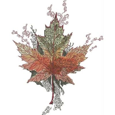An embroidery design of a detailed and colorful maple leaf featuring intricate line work and decorative swirls.