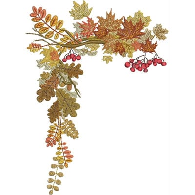 An embroidery design of a vibrant assortment of autumn leaves and berries cascading gracefully in shades of orange, red, and yellow.