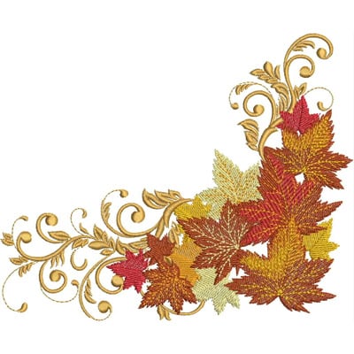 An embroidery design of a decorative arrangement featuring colorful autumn leaves in shades of red, orange, and yellow, intertwined with elegant swirls.