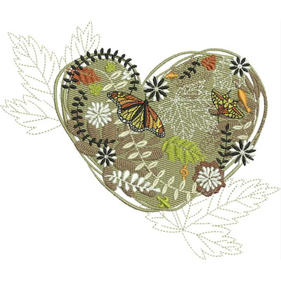 An embroidery design of a heart shape adorned with colorful butterflies and detailed floral patterns in greens, yellows, and browns.