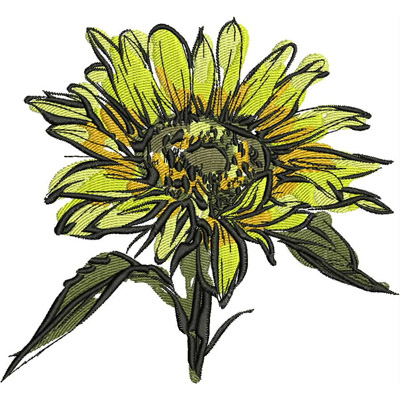 An embroidery design of a vibrant sunflower featuring bright yellow petals and rich green leaves.