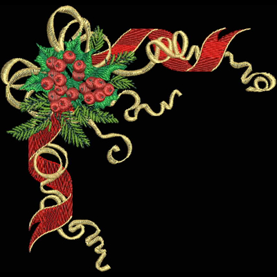 An embroidery design of a festive arrangement featuring red roses, green foliage, and elegant golden ribbons.
