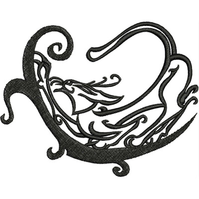 An embroidery design of a flowing, intricate floral pattern with elegant curves and swirls.