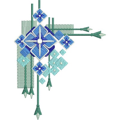 An embroidery design of a geometric floral arrangement featuring blue and turquoise flowers and arrow motifs.