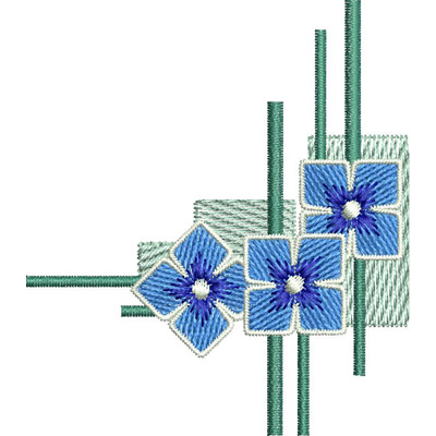 An embroidery design of three blue flowers with white centers, complemented by green linear elements and a textured background.