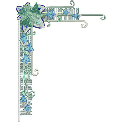 An embroidery design of an ornate floral corner motif featuring blue flowers and green leaves with intricate swirls.