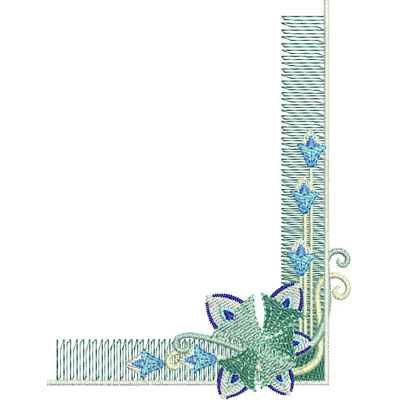 An embroidery design of a decorative corner featuring delicate blue flowers and swirling green vines.