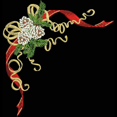 An embroidery design of a festive arrangement featuring white pinecones, green foliage, and red ribbons elegantly spiraling.