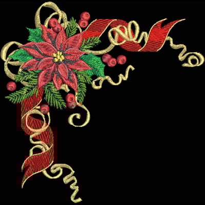 An embroidery design of a vibrant poinsettia bouquet entwined with flowing red ribbons and decorative swirls.