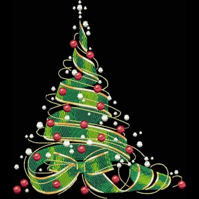 An embroidery design of a whimsical Christmas tree adorned with colorful ornaments and a flowing ribbon.