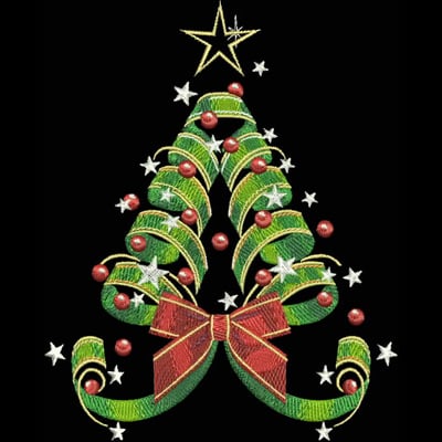 An embroidery design of a colorful Christmas tree adorned with red ornaments, a large red bow, and a golden star on top.
