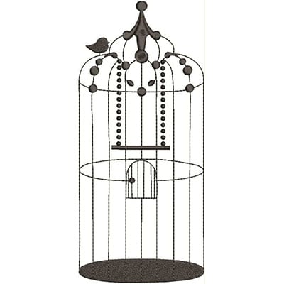 An embroidery design of a decorative birdcage featuring a perched bird on top and intricate detailing along the structure.