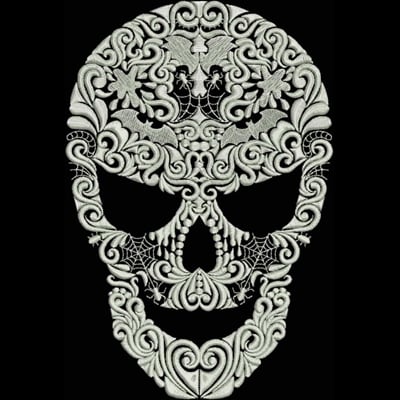 An embroidery design of an intricately detailed skull adorned with floral patterns, spider webs, and bats.