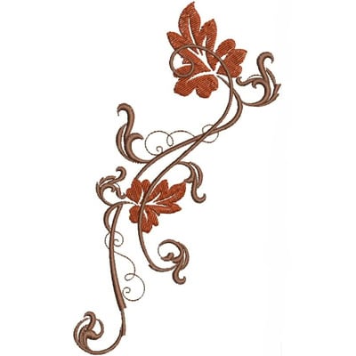 An embroidery design of a decorative vine with swirling stems and vibrant brown leaves.