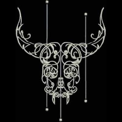 An embroidery design of an ornate bull skull with intricate swirls and decorative horns.