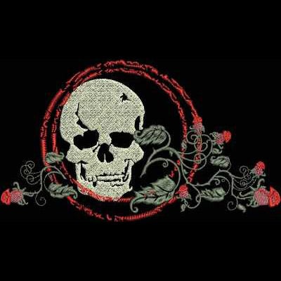 An embroidery design of a detailed skull surrounded by intricate vines and roses, creating a striking contrast.