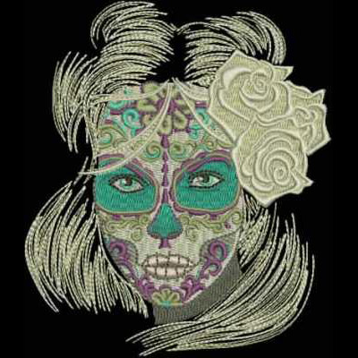 An embroidery design of a beautifully ornate skull-themed face adorned with vibrant colors, intricate patterns, and roses.