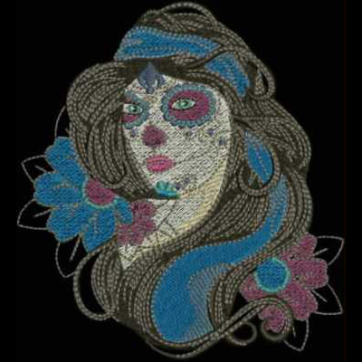 An embroidery design of a stylized female figure adorned with vibrant floral accents and intricate hair detailing.
