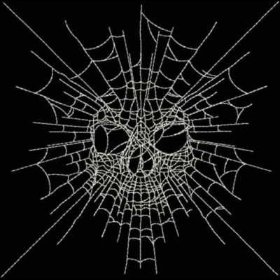 An embroidery design of a spider web forming the shape of a skull.