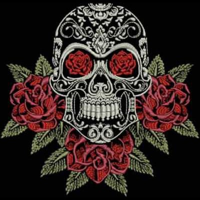 An embroidery design of a decorative skull adorned with intricate patterns and surrounded by red roses.