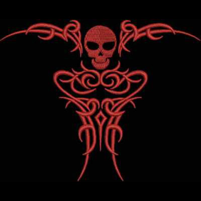 An embroidery design of a stylized skull surrounded by intricate red tribal patterns.