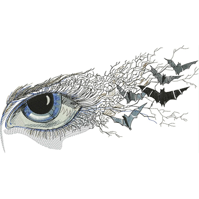 An embroidery design of a striking blue eye intertwined with wispy lines and flying bats, creating a dramatic and whimsical effect.
