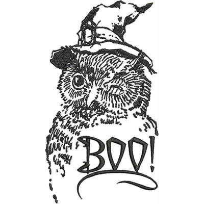 An embroidery design of a whimsical owl wearing a witch's hat with the word "Boo!" elegantly displayed.