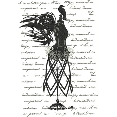 An embroidery design of a stylish dress form adorned with intricate feather details and a floral embellishment at the waist.