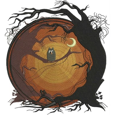An embroidery design of an owl perched on a branch, surrounded by stylized trees and a crescent moon within a circular frame.